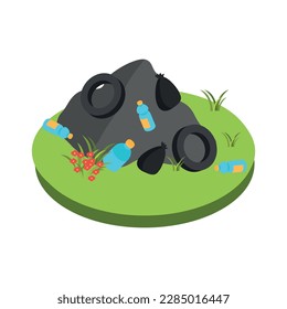 Plastic pollution isometric concept with pile of garbage on green lawn 3d vector illustration