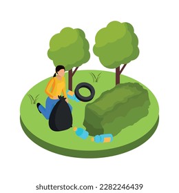 Plastic pollution isometric concept with woman collecting rubbish in forest 3d vector illustration