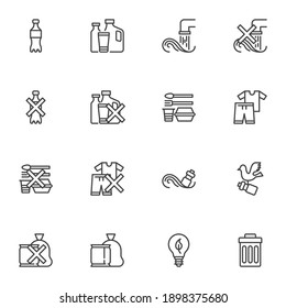 Plastic pollution line icons set, outline vector symbol collection, linear style pictogram pack. Signs, logo illustration. Set includes icons as plastic bottle, waste trash bin, eco lamp, garbage bag