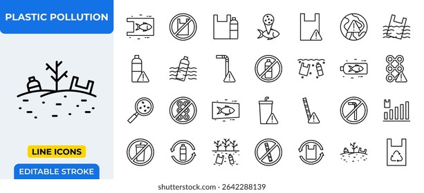 Plastic Pollution Line Icons Set - Plastic, pollution, waste, ocean, bottle, bag, recycling, straw, fish, environment, eco, cleanup, garbage, globalwarming, sustainability icons - Editable Line