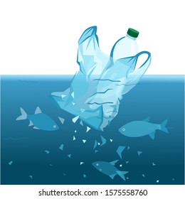 Plastic Pollution. Microplastic. Planet With Plastic, Non-degradable Debris. Cellophane Bag In The Ocean. World Environment Day. Vector Illustration.