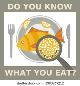 Plastic pollution, microplastic problem. Microplastic in the food. Ecological poster. Fried fish with micro plastic pieces and lemon on a plate. Vector fish dish top view with text. 