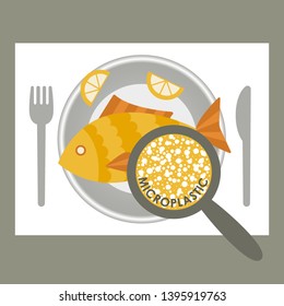 Plastic pollution, microplastic problem. Microplastic in the food. Ecological poster. Fried fish with micro plastic pieces on a plate. Vector fish dish top view