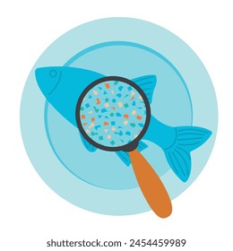 Plastic pollution, microplastic problem. Microplastic in food. Ecological poster. Fish with micro plastic pieces on plate. Vector illustration isolated on white background