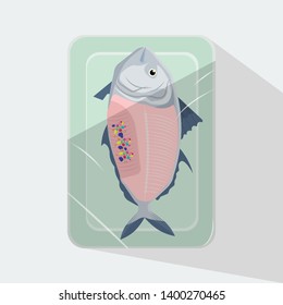 Plastic pollution, microplastic problem. Microplastic in the food,fish eat microplastic flat design vector illustration