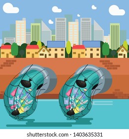 plastic pollution ,net catch plastic garbage front Waste water pipe Background is a city flat design,vector illustration