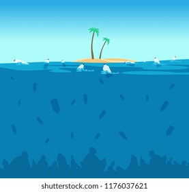 Plastic pollution of ocean. Bottles, plastic bags and debris on the seabed. Water environment protection eco vector concept. Illustration of ocean plastic pollution, island with green palm in sea