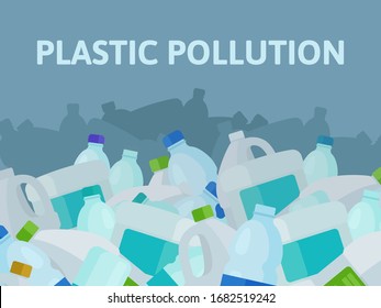 Plastic pollution, ocean of plastic bottles. Endless mountains of plastic trash. Template of banner, placard or poster. Vector illustration, flat design, cartoon style, horizontal landscape view.