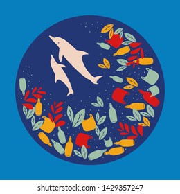 Plastic pollution ocean drawing. Zero waste lifestyle illustration. Ocean filled with plastic botlles and bags. Dolphins trying to escape. T shirt design 