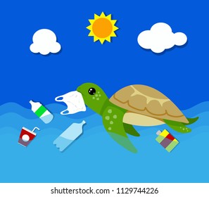 Plastic pollution in ocean environmental problem. Turtles can eat plastic bags mistaking them for jellyfish. vector illustration.