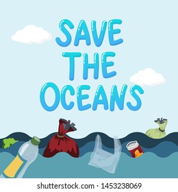 plastic pollution in ocean environmental problem concept. garbage from plastic bag and bottle floating in the ocean, waste water. text save the oceans on top