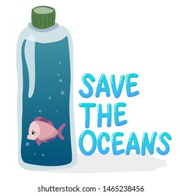 plastic pollution in ocean environmental problem concept.  poor fish swim inside plastic bottle with text save the oceans