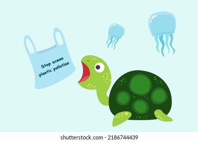 Plastic pollution in ocean environmental problem. Turtles can eat plastic bags mistaking them for jellyfish. vector illustration.