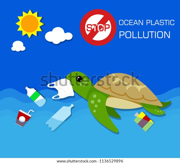 Plastic Pollution Ocean Environmental Problem Turtles Stock Vector ...