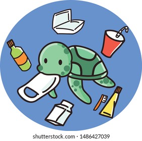 Plastic pollution in ocean environmental problem.Turtles eat plastic cartoon.