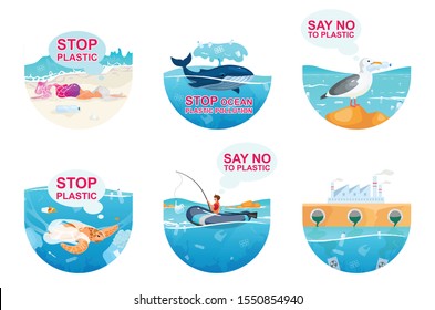 Plastic pollution in ocean flat concept icons set. Sea water contamination problem stickers, cliparts pack. Environment protection. Isolated cartoon illustrations on white background