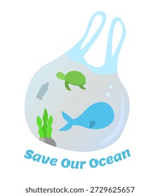 Poluição por plástico no oceano. Salve a mensagem do nosso oceano. Eco amigável tema. 