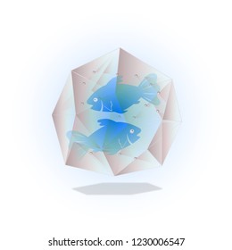 Plastic pollution in ocean and seas, flat vector illustration, abstract low poly, isolated on white gradient background, design poster against throwing plastic garbage into water
