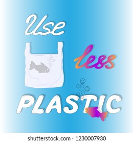 Plastic pollution in ocean and seas, flat vector illustration, isolated on blue gradient background, design poster against throwing plastic garbage into water