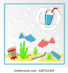 Plastic pollution in ocean and seas, flat vector illustration, paper cut style, empty space for text, design poster against throwing plastic garbage into water