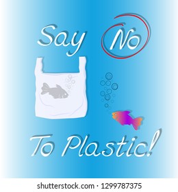 Plastic pollution in ocean and seas, flat vector illustration,words "say no to plastic" on blue gradient background, design poster against throwing plastic garbage into water