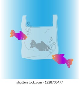Plastic pollution in ocean and seas,flat vector illustration, isolated on blue gradient background, design poster against throwing plastic garbage into water