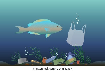 Plastic pollution of the ocean vector illustration