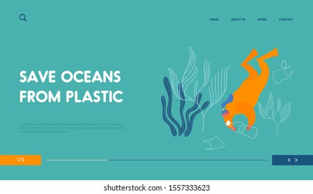 Plastic Pollution of Ocean Water Website Landing Page. Woman Volunteer Scuba Diver Collect Trash from Sea Bottom Protecting Planet Ecology Reduce Waste Web Page Banner Cartoon Flat Vector Illustration