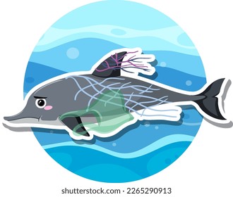 Plastic pollution on marine life concept illustration