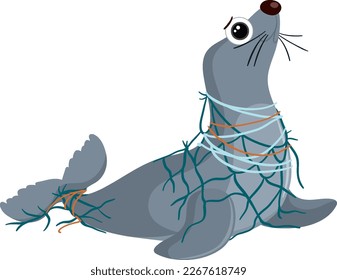 Plastic pollution on marine life concept illustration