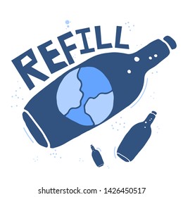 Plastic pollution poster drawing. Hand drawn vector art. Refill slogan with water bottles. T shirt design. Zero waste lifestyle.