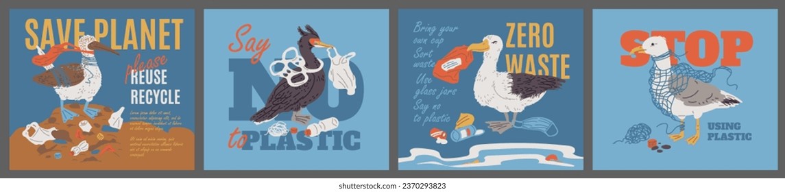 Plastic pollution posters set, flat vector illustration. Sea birds suffering from plastic contamination. Zero waste and ecology preservation concepts.