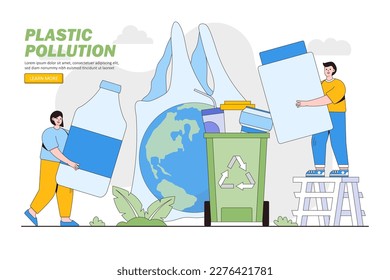 Concepto de problema de contaminación plástica. Gente recolectando y clasificando la basura plástica para reciclar basureros. Ilustración de dibujos animados del vector del medio ambiente y del día de la tierra para la página de aterrizaje, imágenes de héroes.