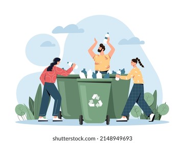 Plastic pollution problem. Yong men and girls put bottles in garbage containers. Volunteers and responsible society. Motivational poster or banner for website. Cartoon flat vector illustration