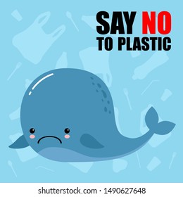 Plastic Pollution in the sea. Cute cartoon sad whale. Ecological blue poster, paper art and digital crafts style. seagull sitting on Flowing Plastic Bottle. Say no to plastic