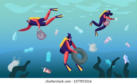 Plastic Pollution of Sea with Different Kinds of Garbage. Scuba Divers Collect Trash into Basket Underwater. Wastes Floating in Ocean Water. Ecology Protection Concept Cartoon Flat Vector Illustration