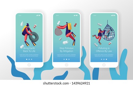 Plastic Pollution of Sea with Different Kinds of Garbage Mobile App Page Onboard Screen Set. Scuba Divers Collect Trash into Basket Concept for Website or Web Page, Cartoon Flat Vector Illustration