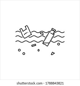 Plastic Pollution In Sea Icon, Bottle, Poly Pack, Polythene Bag Waste Polluting Sea Vector Art Illustration