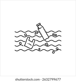 Plastic Pollution In Sea Icon, Bottle, Poly Pack, Polythene Bag Waste Polluting Sea Vector Art Illustration