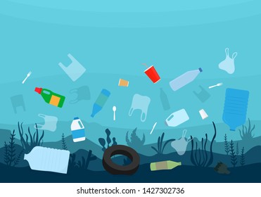 Plastic pollution sea and ocean. Different kinds of garbage in underwater. Environmental disaster concept.