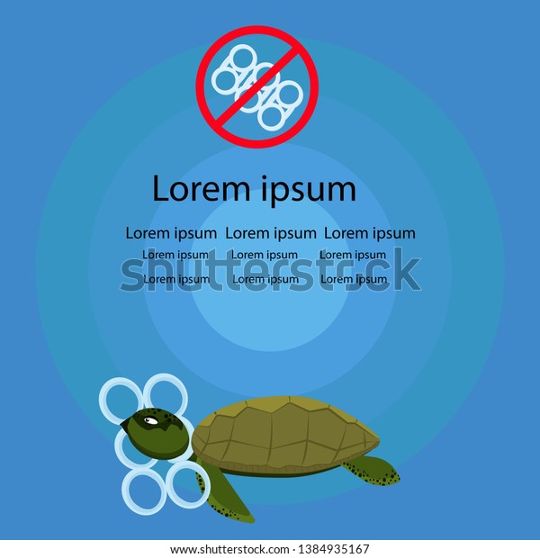 plastic pollution in sea ,stop six pack\
rings ,six pack rings kill sea turtle blue background flat\
design,vectoe\
illustration