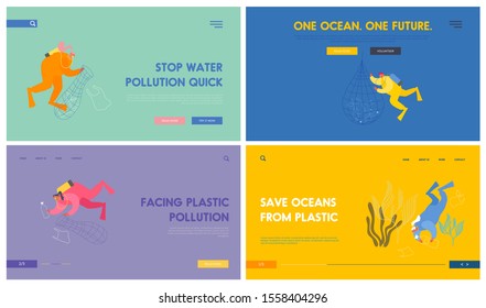 Plastic Pollution of Sea Website Landing Page Set. Divers Collecting Trash into Basket in Ocean. Garbage Wastes Floating in Water. Ecology Protection Web Page Banner. Cartoon Flat Vector Illustration