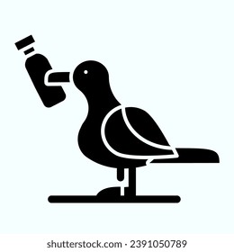 Plastic pollution seagull solid icon. Sea gull with bottle in beak illustration isolated on white. Sea bird eating disposable container glyph style design, designed for web and app. Eps 10