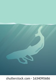 Plastic pollution in the seas vector concept with shark shaped plastic bag floating in ocean. Marine life destruction, environmental hazard symbol. Eps10 illustration.