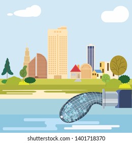 plastic pollution solutions, net that is placed on the drain to help catch plastic and protect the sea and the environment flat design,vector illustration