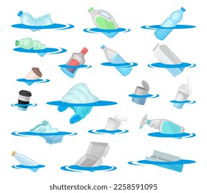 Plastic pollution trash floating on water surface set. Polluted ocean cartoon vector