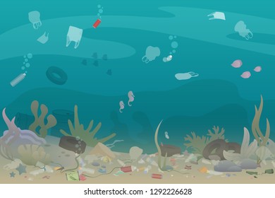 Plastic pollution trash under the sea with different kinds of garbage - plastic bottles, bags, wastes. Eco, water pollution concept. Garbage in the ocean flat vector illustration.