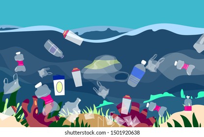 Plastic pollution trash underwater sea with different kinds of garbage - plastic bottles, bags, wastes floating in water. Sea ocean water pollution concept vector illustration.