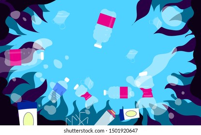 Plastic pollution trash underwater sea with different kinds of garbage - plastic bottles, bags, wastes floating in water. Sea ocean water pollution concept vector illustration.