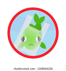 Plastic pollution in water. Sad fish in plastic bag need a help. Vector icon, illustration for ocean care. Stop plastic pollution sign.